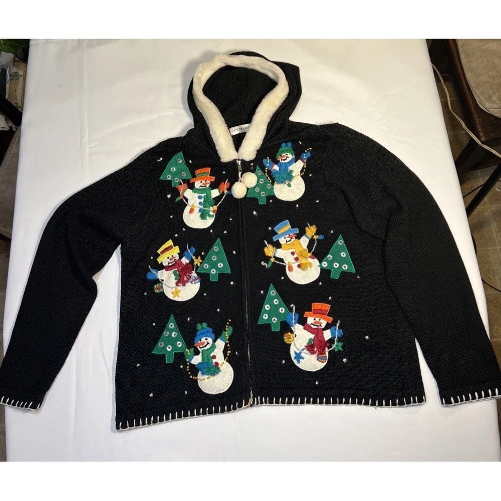 Women's Cardigan W/ Hood Snowman Ugly Christmas Sweater Zipper Victoria Jones L